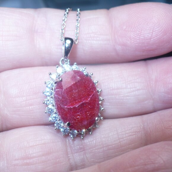 Vintage STAUER Oval Natural Ruby accented CZ's  Sterling Silver Pendant Necklace - Picture 1 of 7